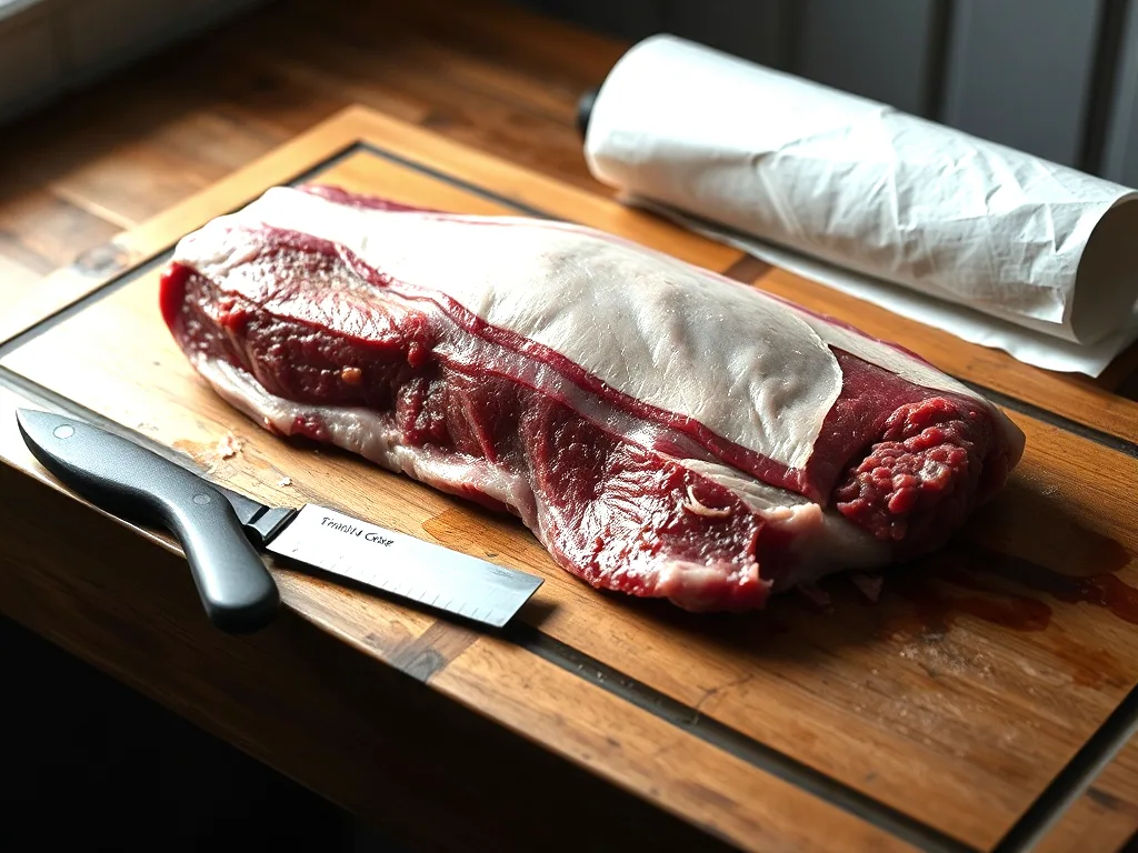 A whole untrimmed beef brisket on a wooden butcher block beside a boning knife and a roll of white butcher paper.