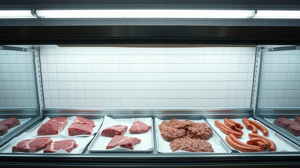A refrigerated meat case in a grocery store, trays of steaks, ground beef and sausage laid out on white paper under the glass against a white tiled wall.