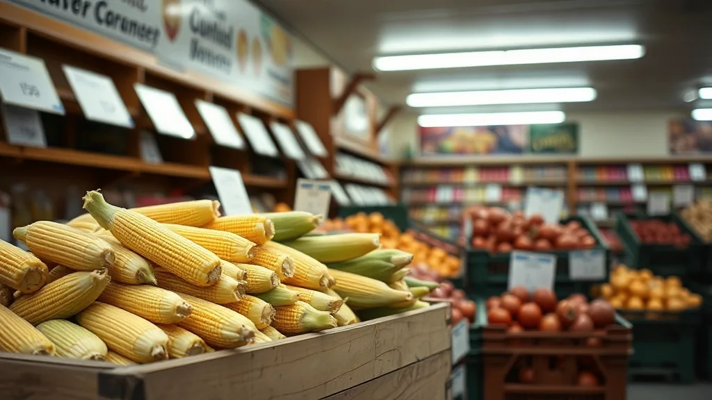 A wooden bin heaped with sweet corn in the produce corner of a small grocery, crates of tomatoes and onions behind it under fluorescent light.