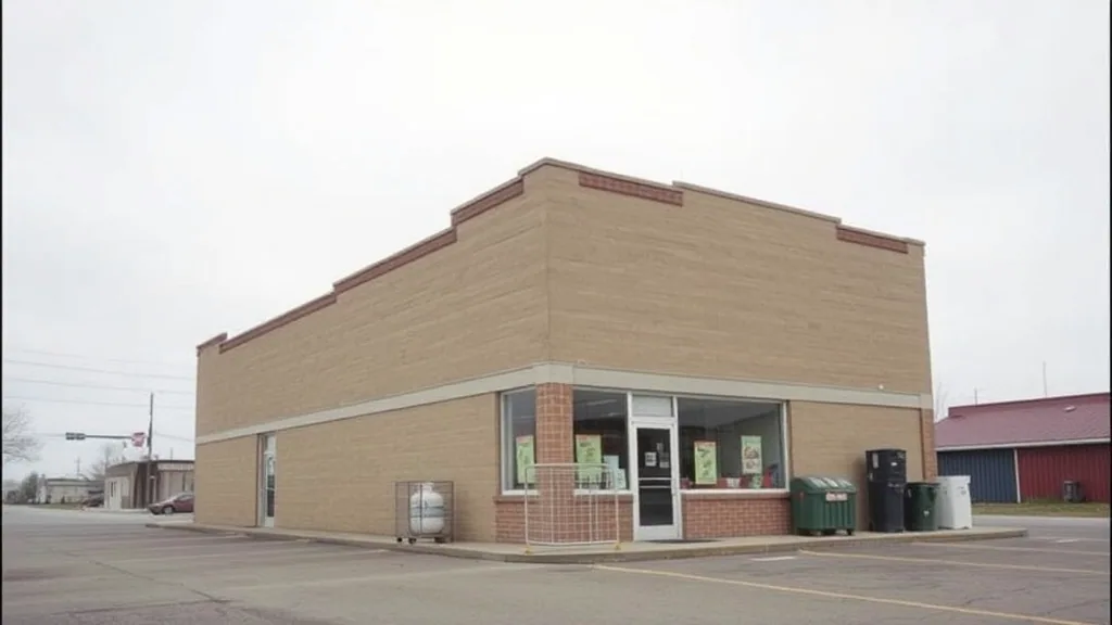 A plain flat roofed grocery store on the corner of an empty parking lot, propane cage and ice chests beside the entrance, overcast daylight.